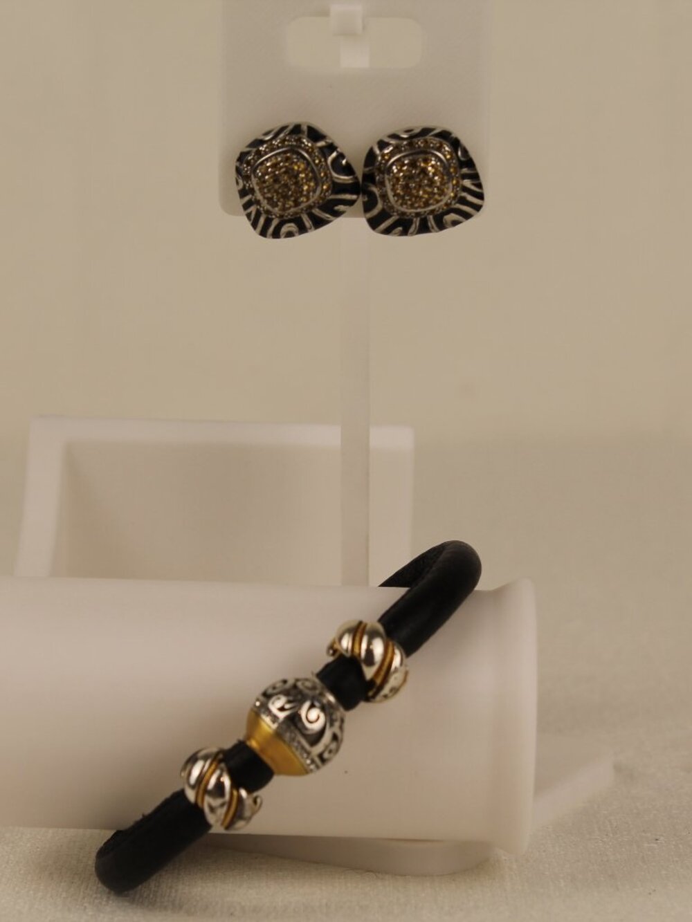 Brighton Black Cord Charm Bracelet & Pave Crystal Enamel Earrings Set Two-Tone